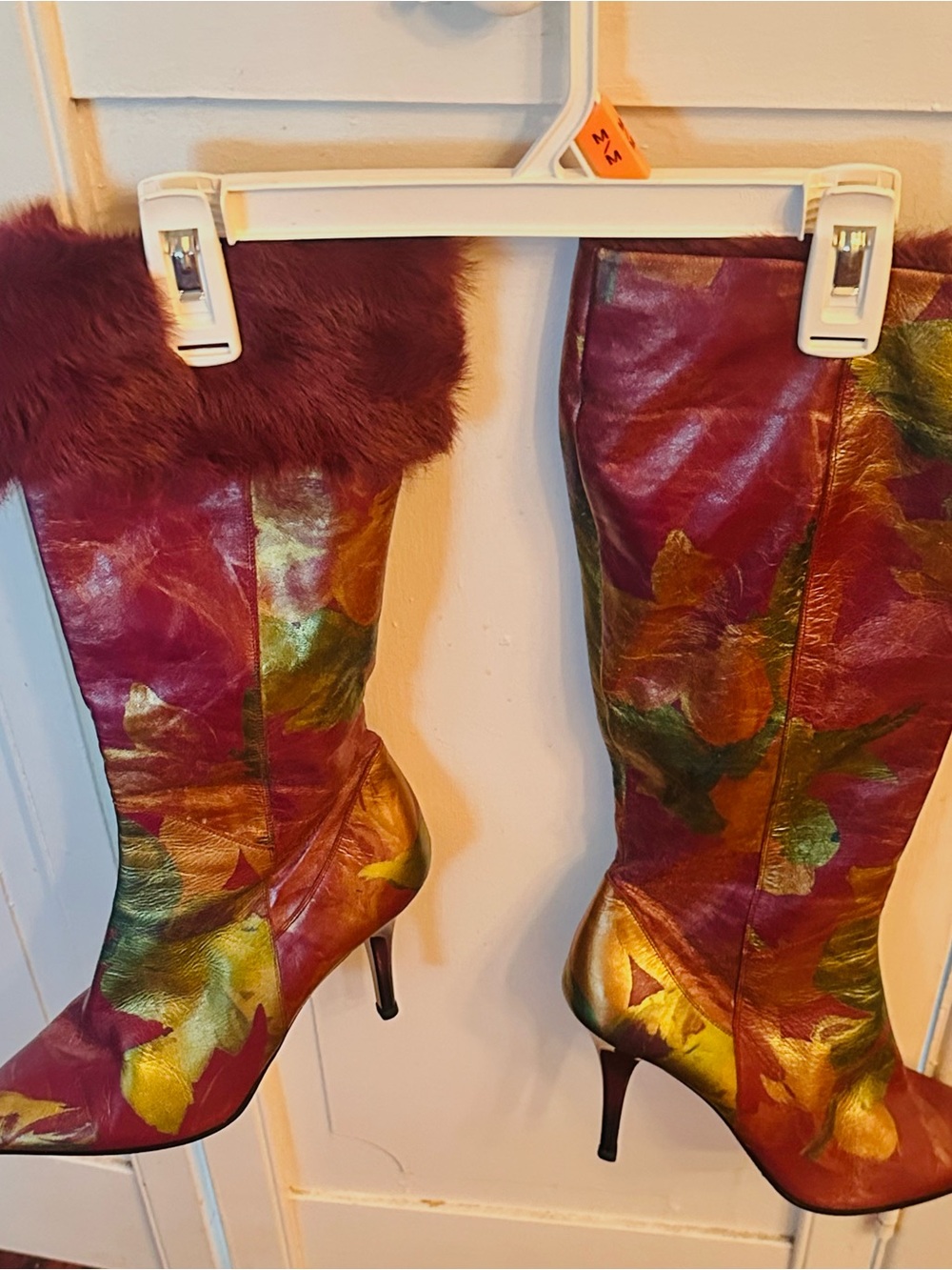 Burgundy Floral Leather Knee Boots with Fur Cuff